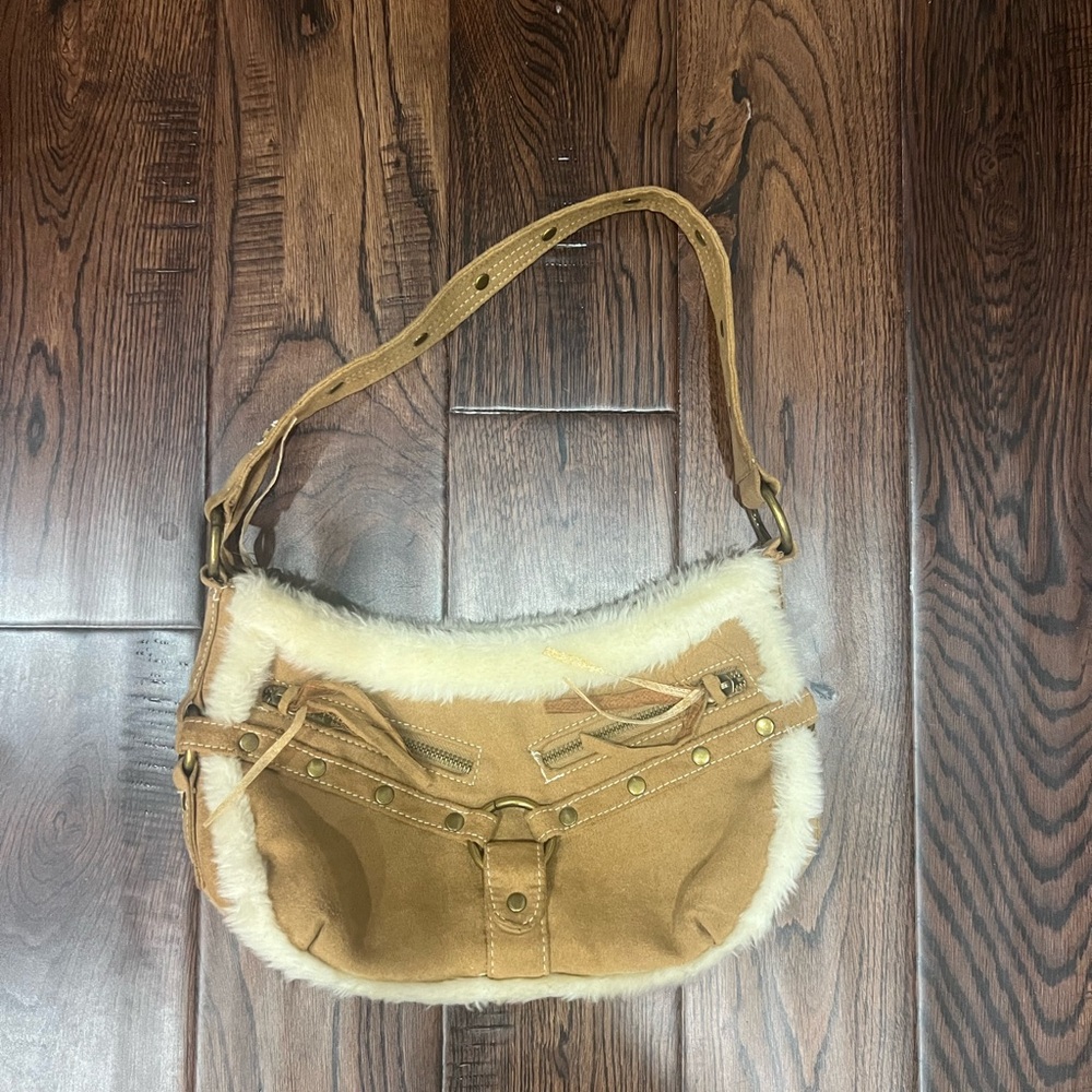 Tan and Cream Leather Shoulder Bag with Decorative Stitching